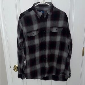 George Large 42-44 Purple and Grey Plaid Button Down Shirt